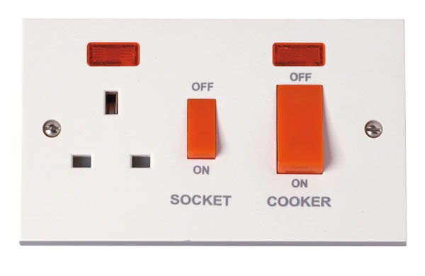 45A 2 Gang Double Pole Switch With 13A Double Pole Switched Socket Outlet & Neons